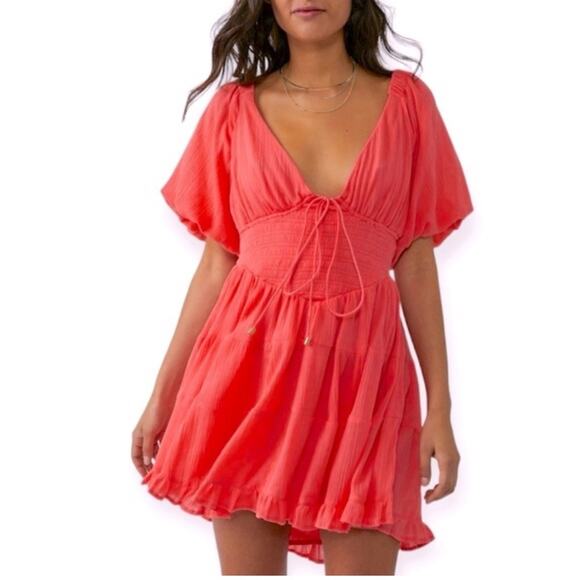 Free People Dresses & Skirts - Free People Perfect Day Watermelon Short Puff Sleeve Mini Dress Women’s Size XS